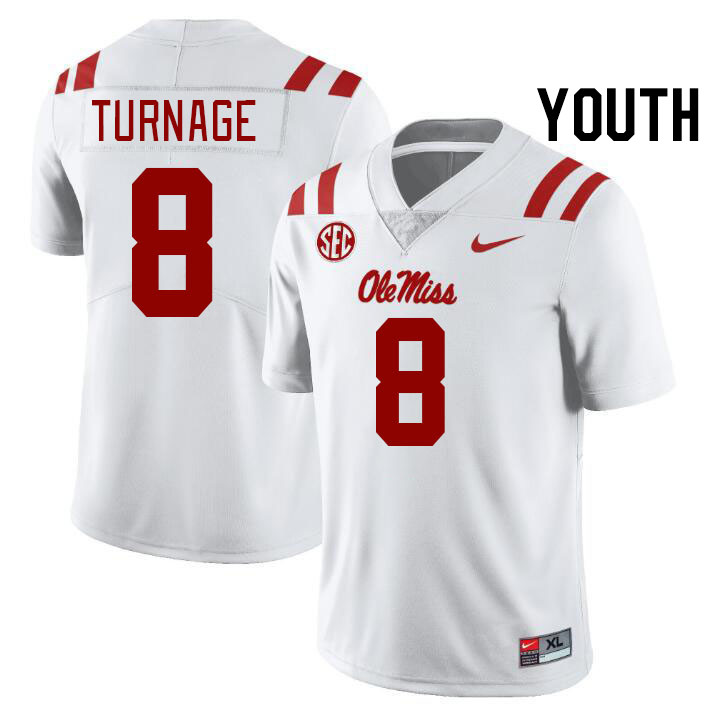 Youth #8 Brandon Turnage Ole Miss Rebels College Football Jerseys Stitched-White